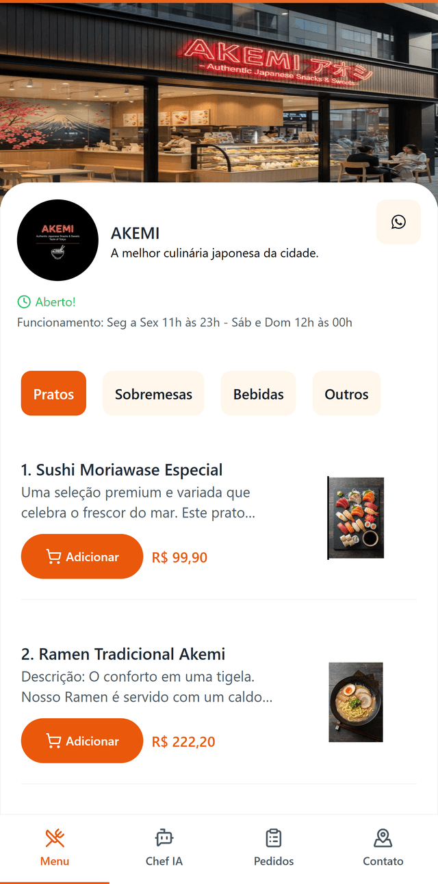 Outra tela do cardápio da Akemi no Paladar